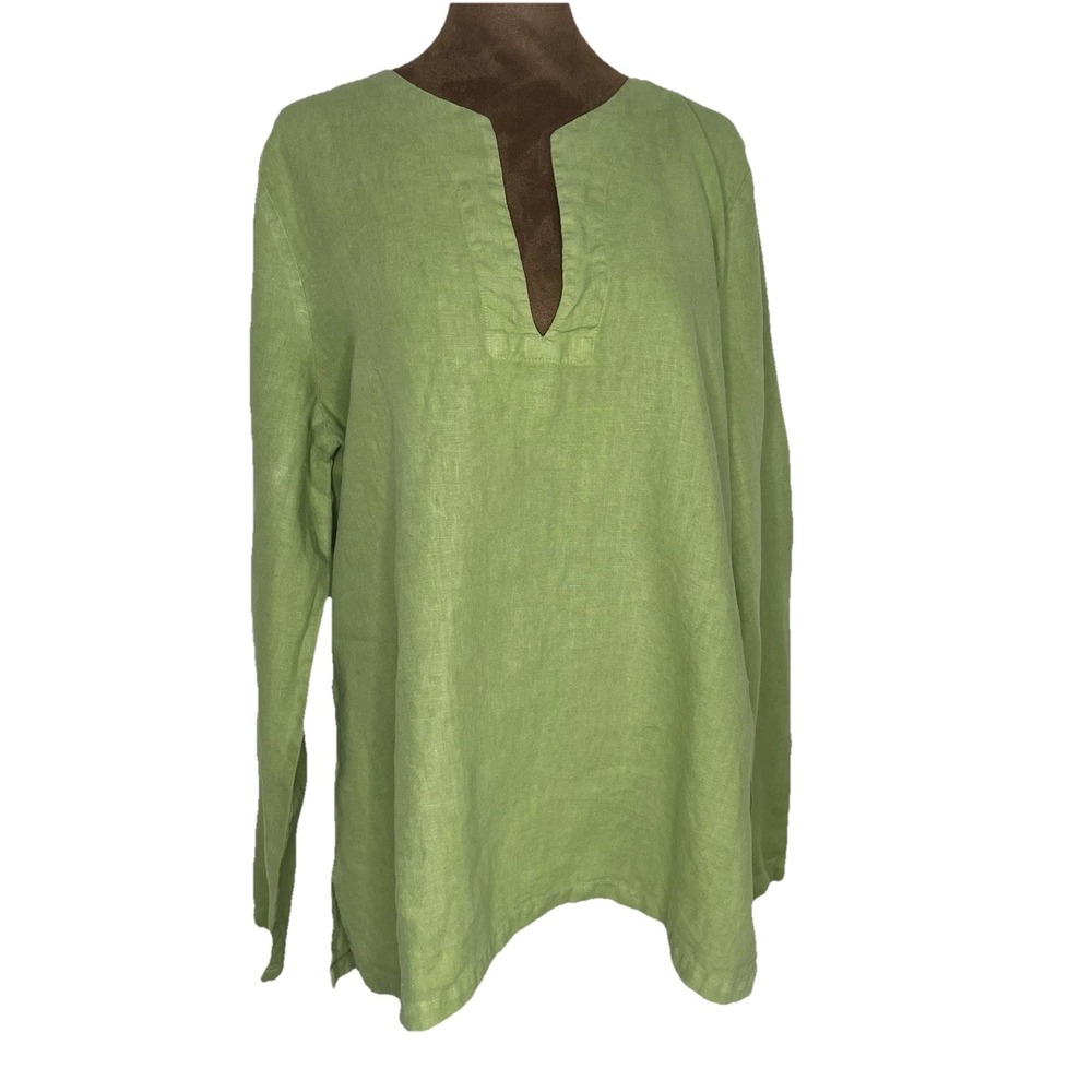 Allen Allen Womens XL Green Linen Tunic Beach Coastal Popover V Neck Long Sleeve